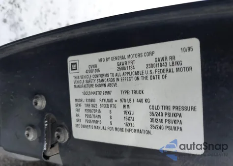 1996 Chevrolet S Truck S10 z USA, uszkodzony, nr VIN 1GCCS1442TK126587